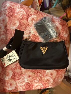 Valentino Orlandi Black Satin Crossbody with Gold V Logo